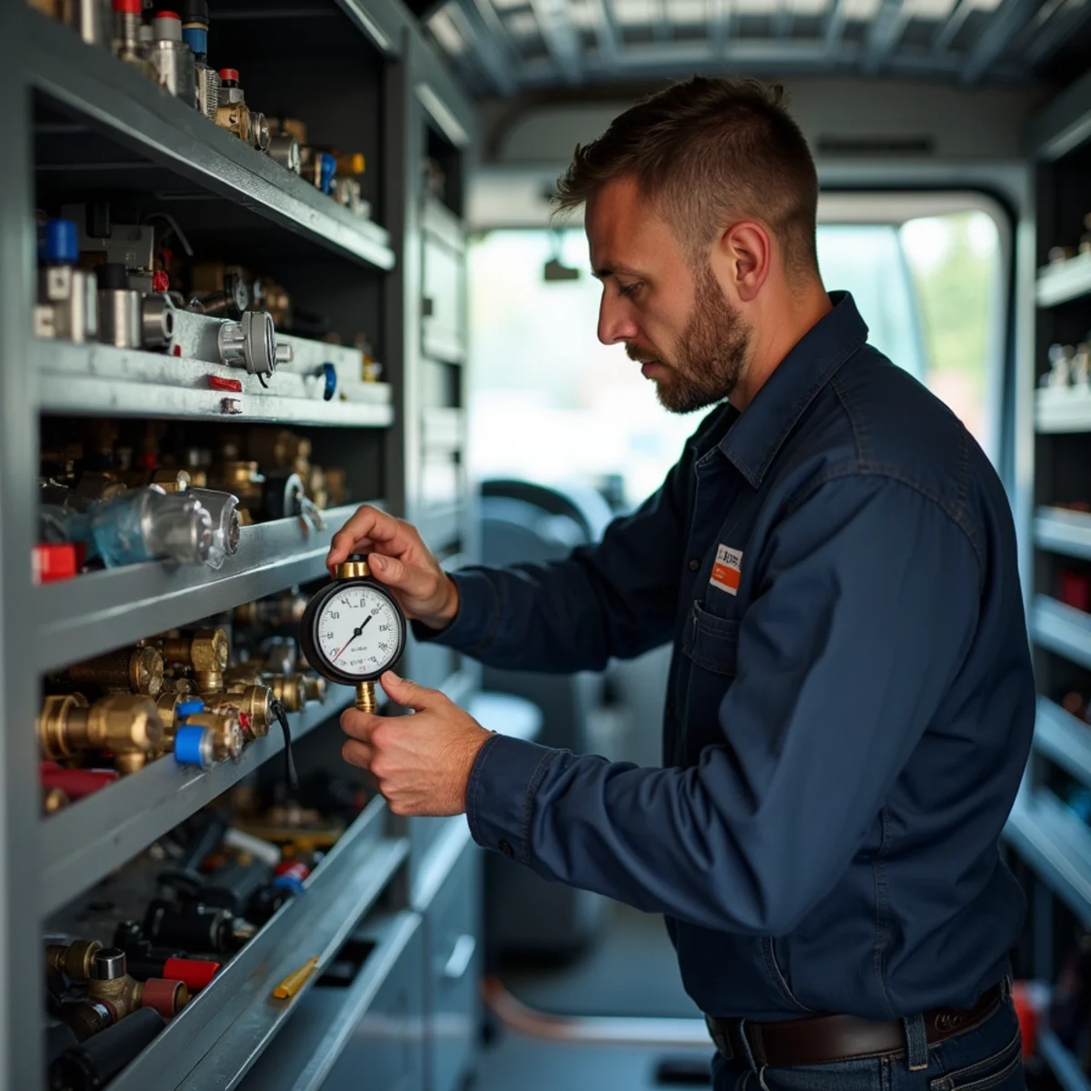 Licensed master plumber inspecting tools and equipment in service vehicle